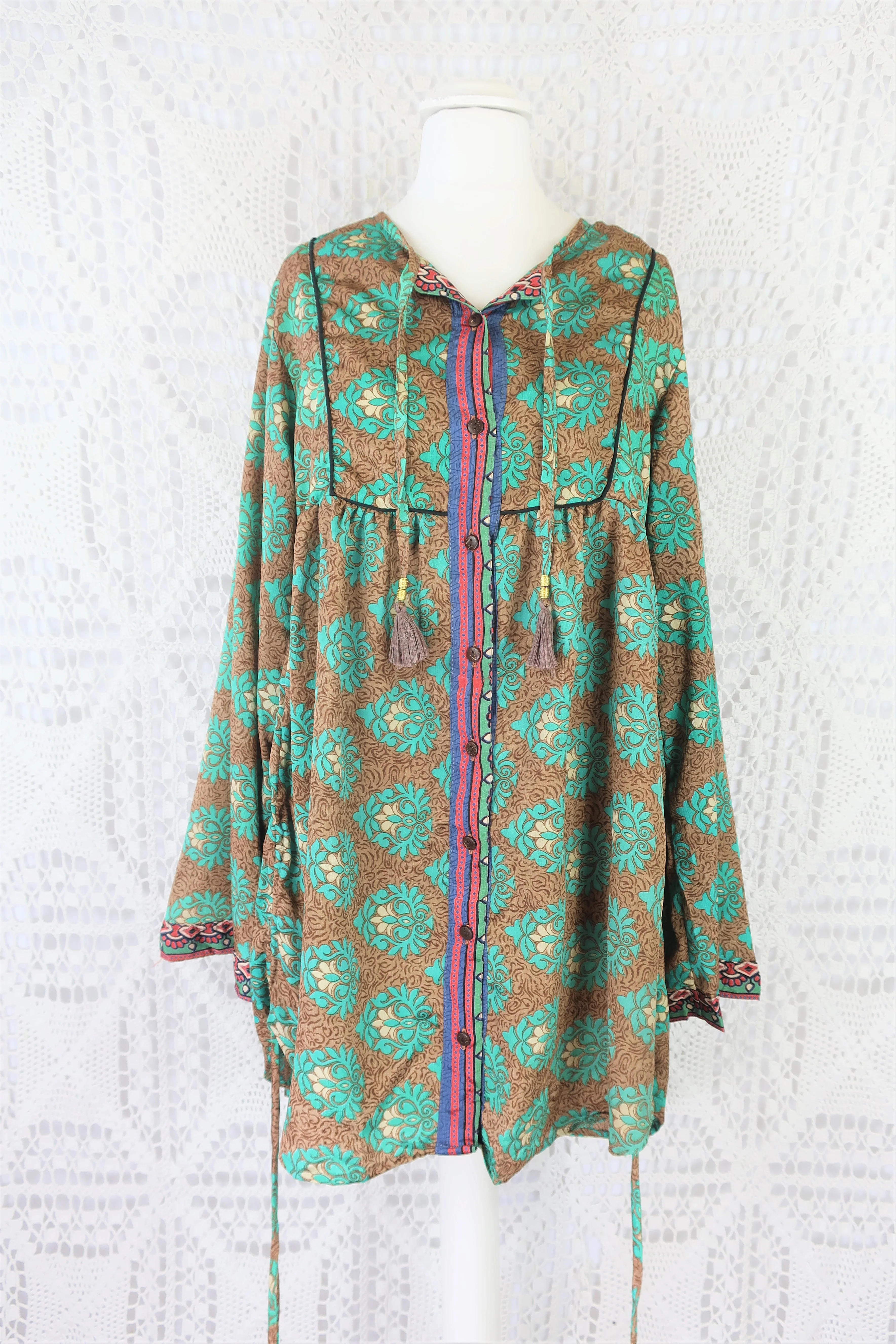 Jude Tunic Top - Vintage Indian Sari - Wood & Jade Floral Motif - XS - Image 3