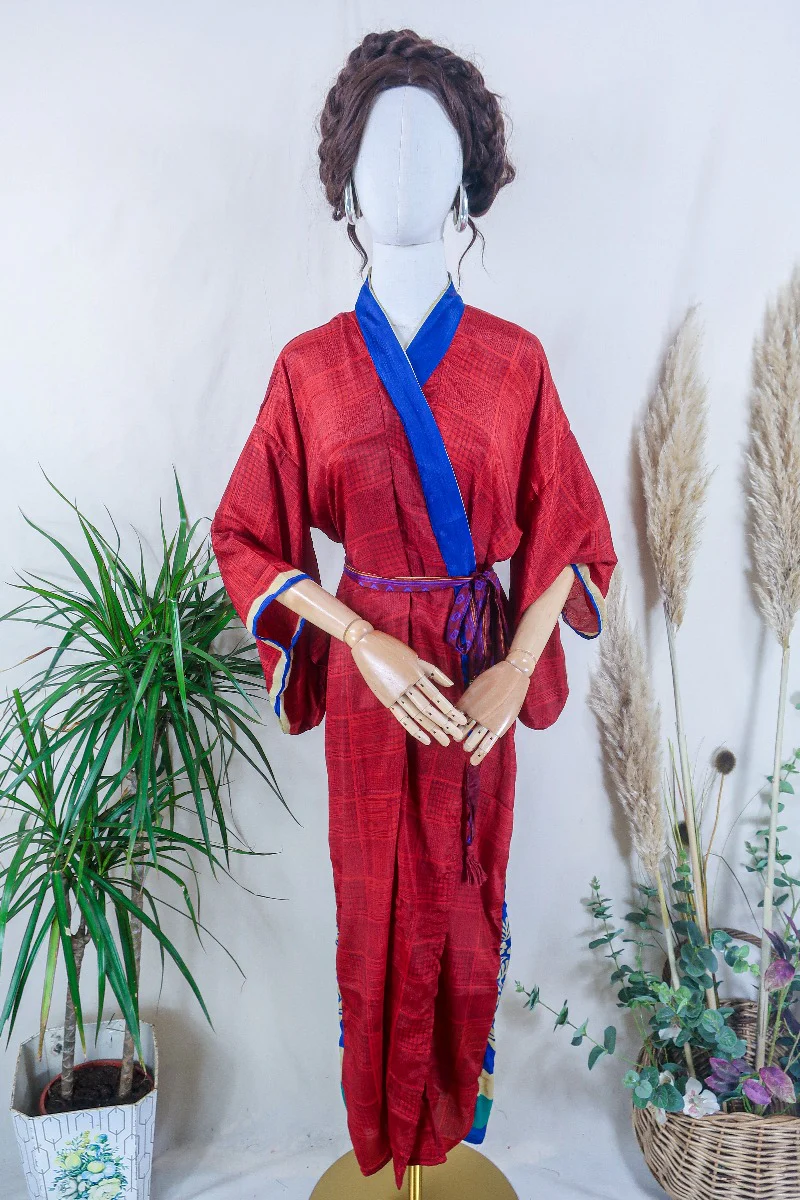 Juliet Kimono Dress - Maroon Tile & Flora Motif  - Vintage Indian Sari - Free Size