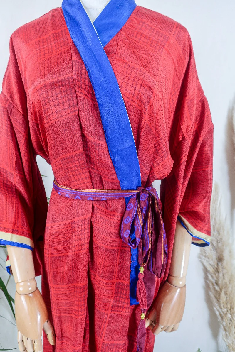 Juliet Kimono Dress - Maroon Tile & Flora Motif  - Vintage Indian Sari - Free Size - Image 2