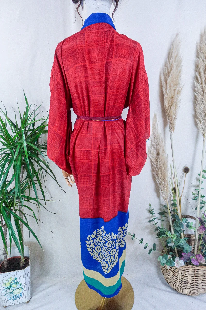 Juliet Kimono Dress - Maroon Tile & Flora Motif  - Vintage Indian Sari - Free Size - Image 3