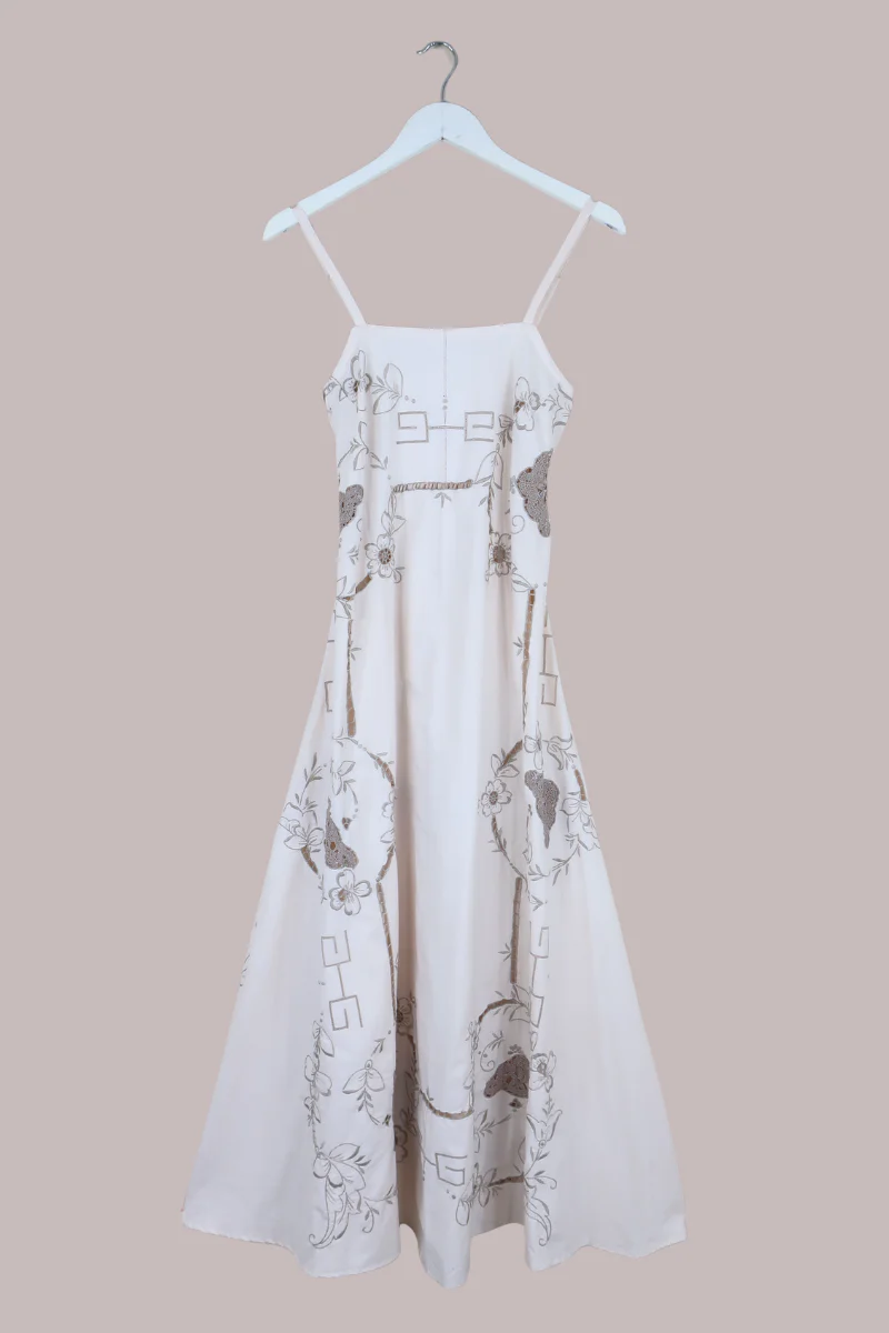 Juliet Vintage Tablecloth Maxi Dress in Ivory & Chalice Silver Pansies