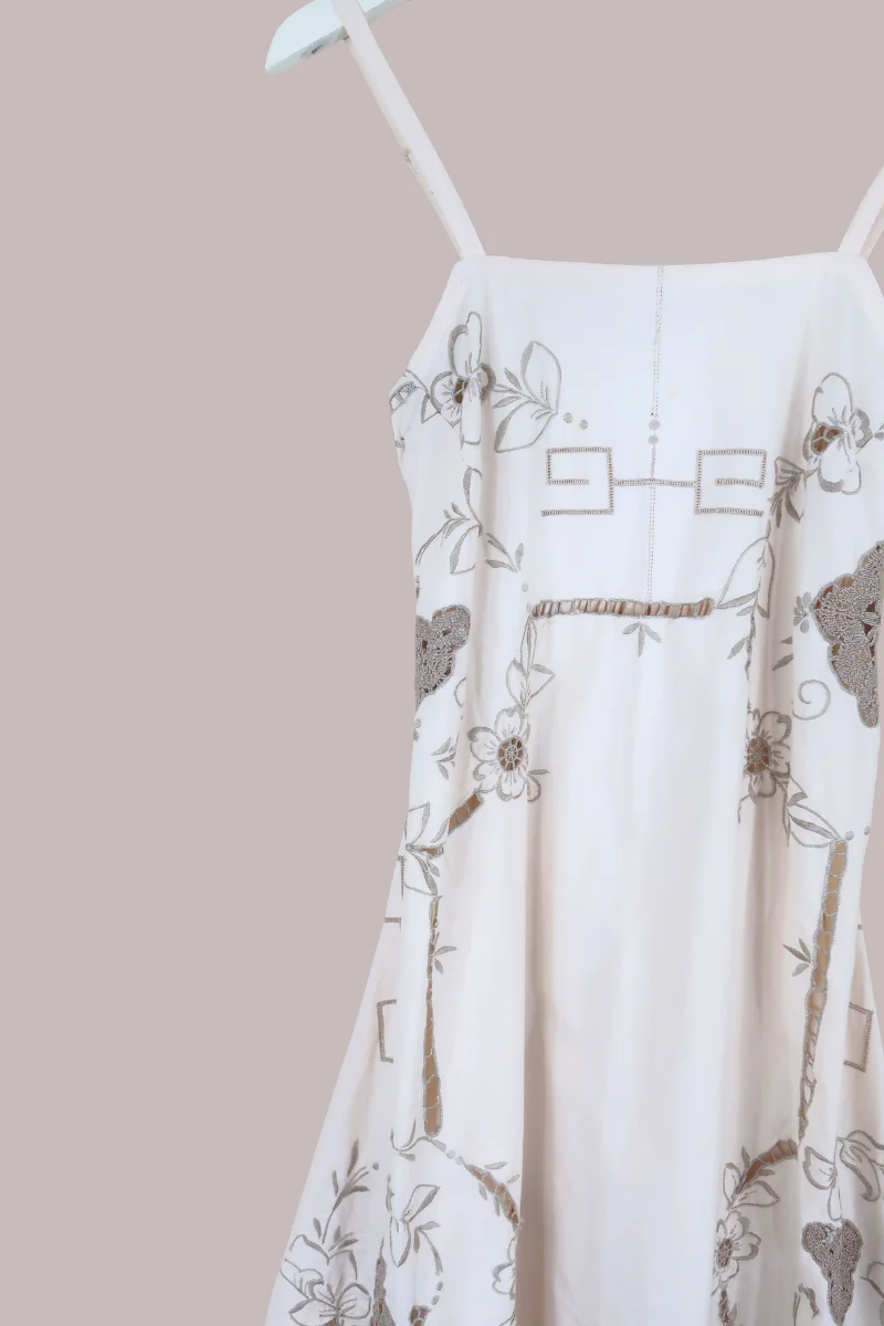 Juliet Vintage Tablecloth Maxi Dress in Ivory & Chalice Silver Pansies - Image 2