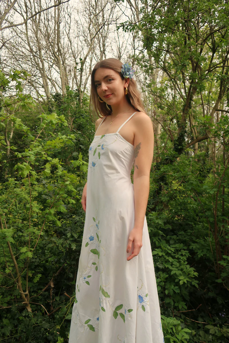 Juliet Vintage Tablecloth Maxi Dress in Moonlit Blue Lilies Embroidery - Image 3