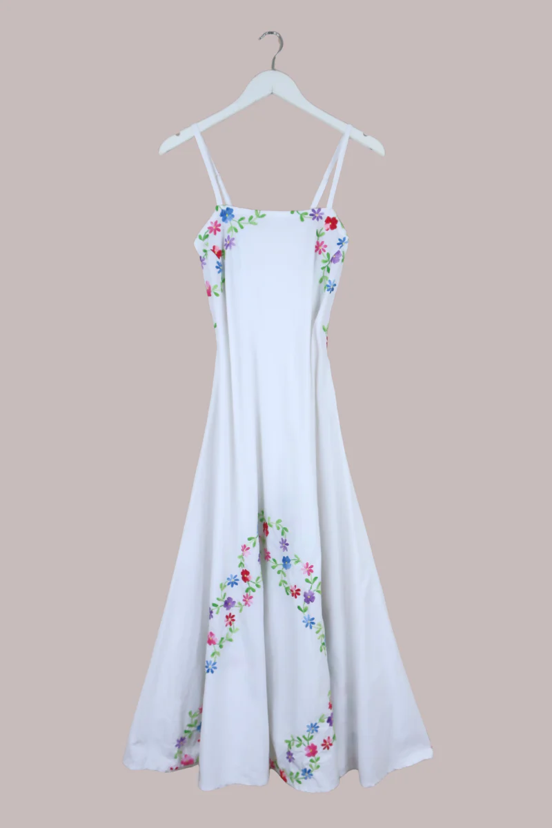Juliet Vintage Tablecloth Maxi Dress in 'Welcome to my Garden' Embroidery