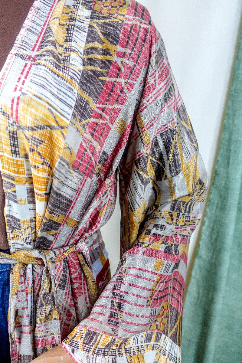 Karina Kimono Jacket - Vintage Sari - Earthy Mauve Abstract - Free Size S - Image 3