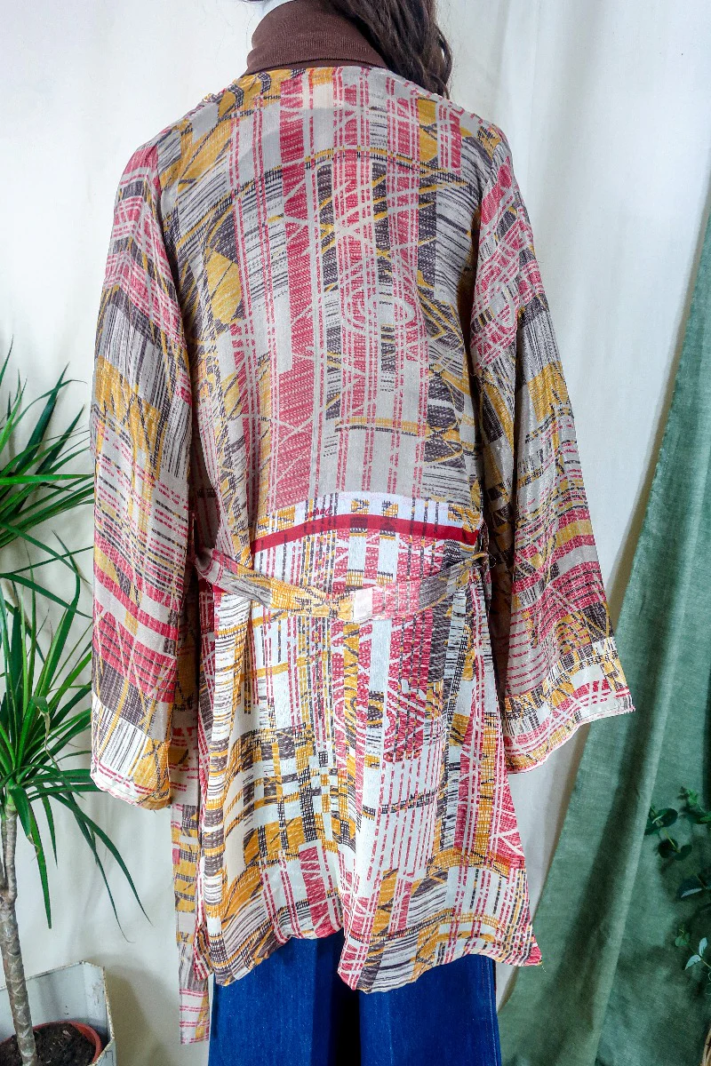 Karina Kimono Jacket - Vintage Sari - Earthy Mauve Abstract - Free Size S - Image 4