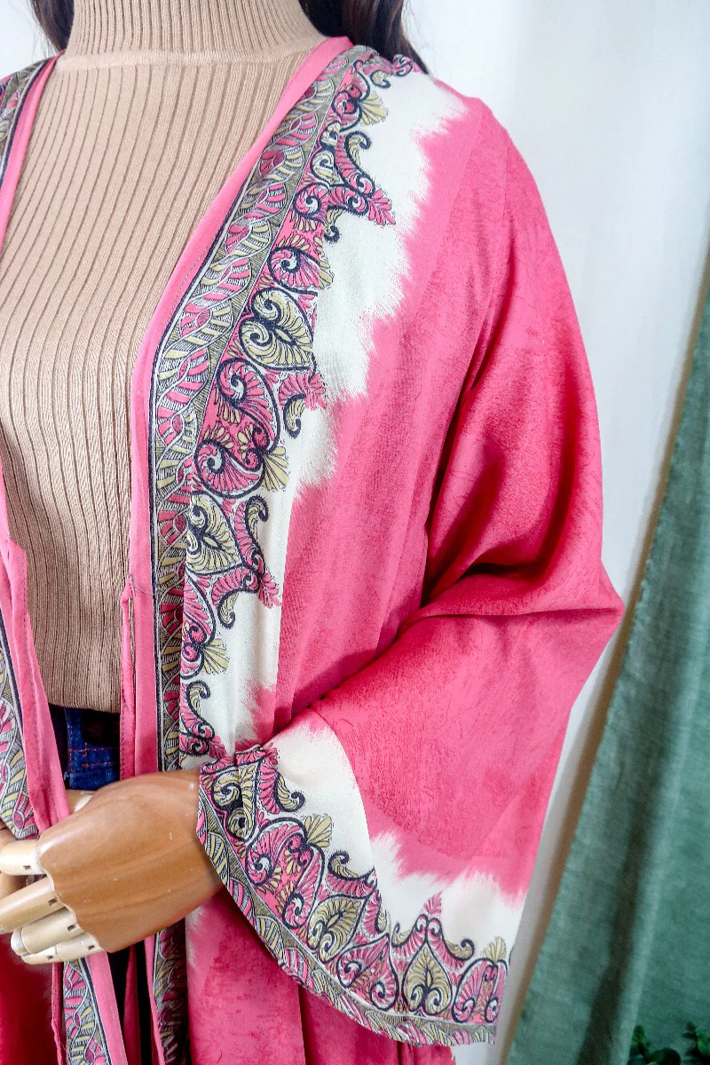 Karina Kimono Jacket - Vintage Sari - Blossom Pink Psychedelic - Free Size S/M - Image 3