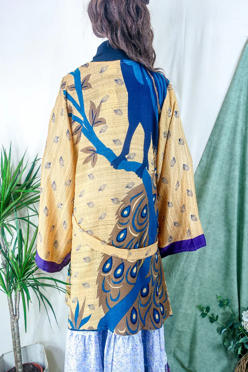 Karina Kimono Jacket - Vintage Sari - Peachy Peacock Print - Free Size XL - Image 2