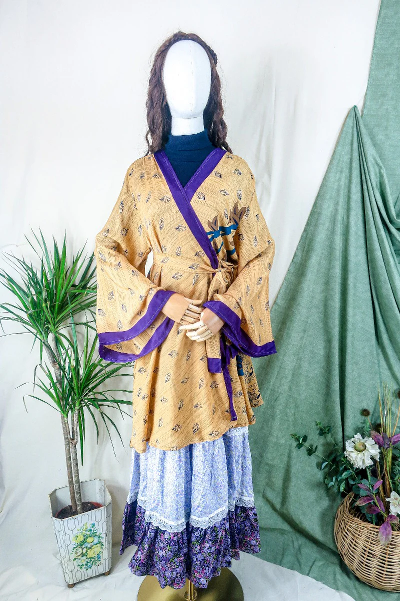 Karina Kimono Jacket - Vintage Sari - Peachy Peacock Print - Free Size XL - Image 3
