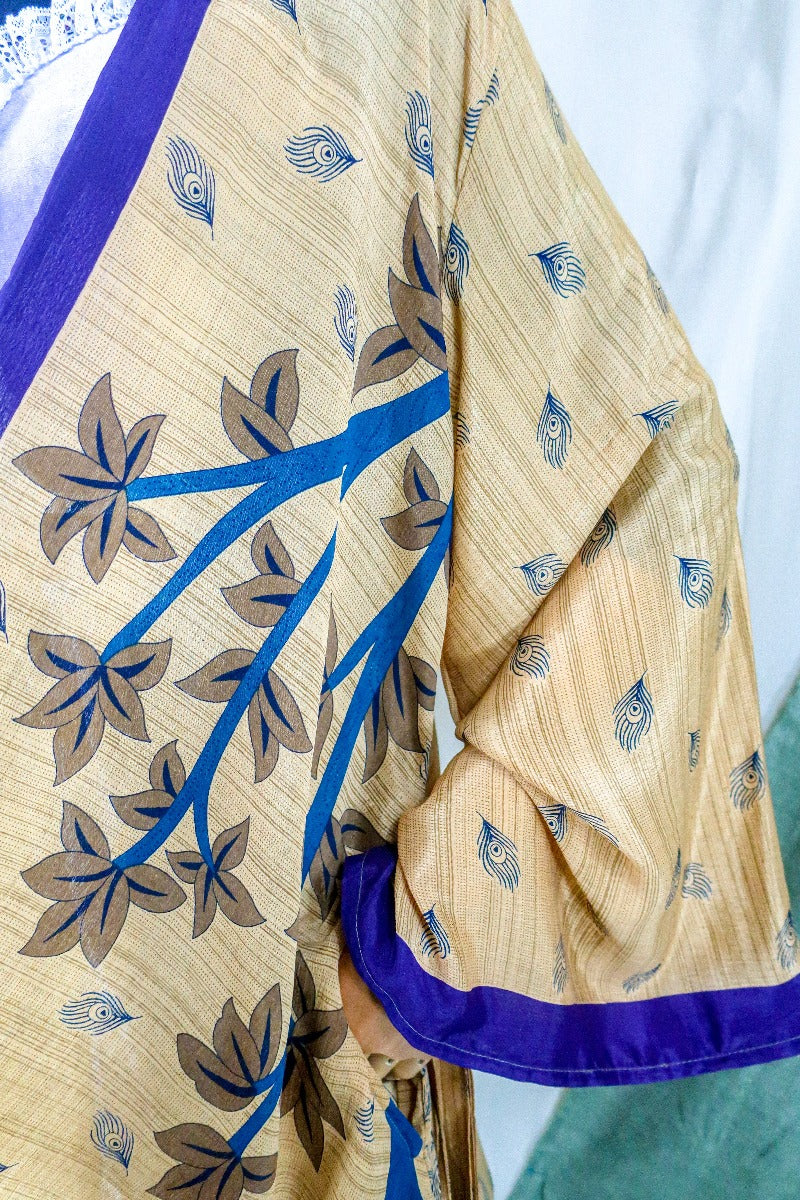 Karina Kimono Jacket - Vintage Sari - Peachy Peacock Print - Free Size XL - Image 4