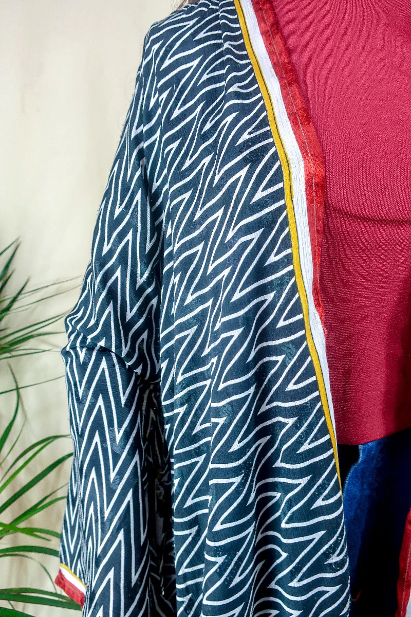 Karina Kimono Jacket - Vintage Sari - Midnight Chevron & Red Paisley - Free Size S/M - Image 3