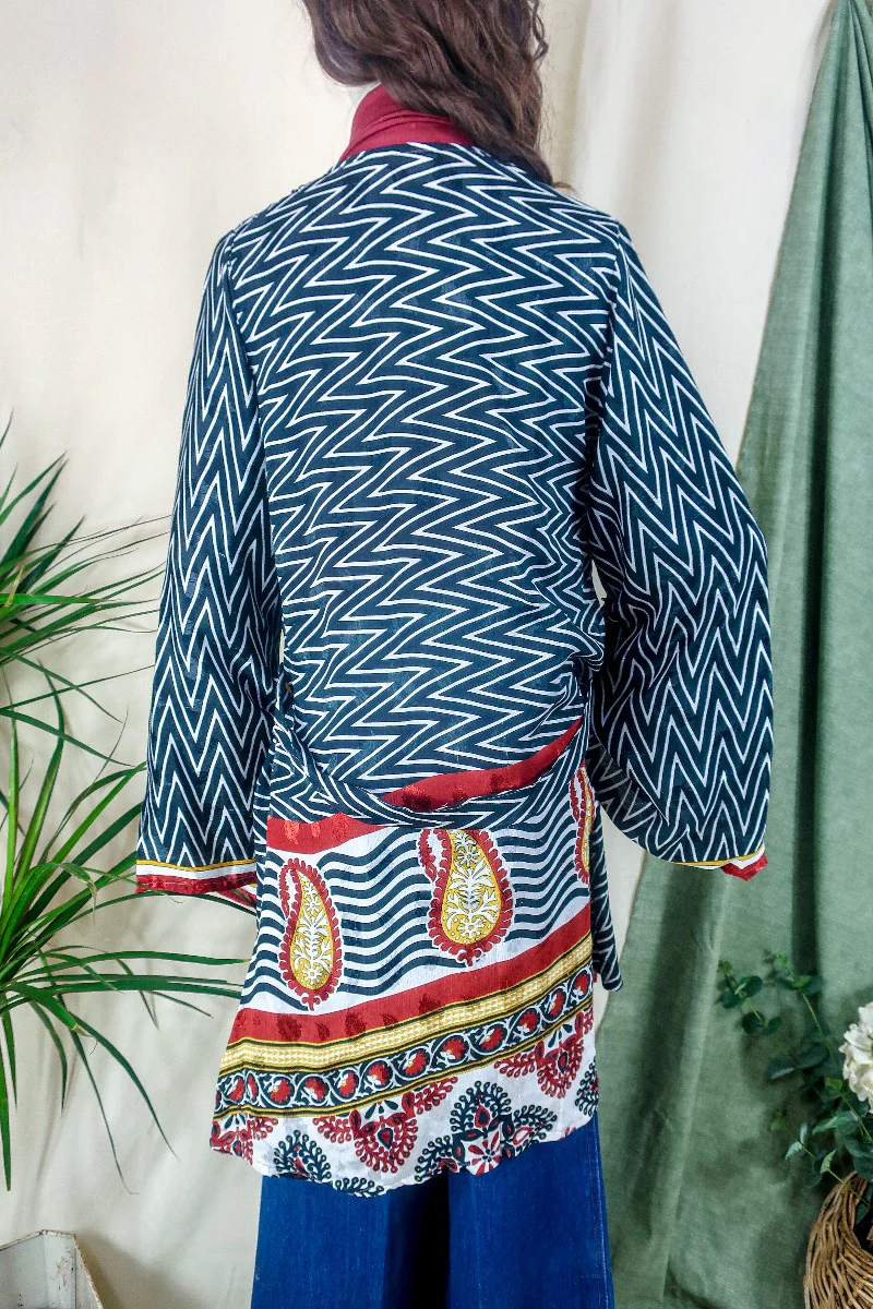 Karina Kimono Jacket - Vintage Sari - Midnight Chevron & Red Paisley - Free Size S/M - Image 4