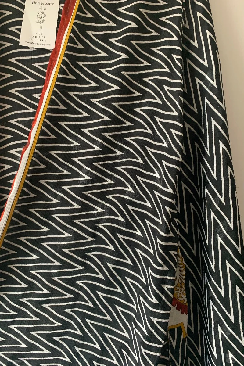 Karina Kimono Jacket - Vintage Sari - Midnight Chevron & Red Paisley - Free Size S/M - Image 5