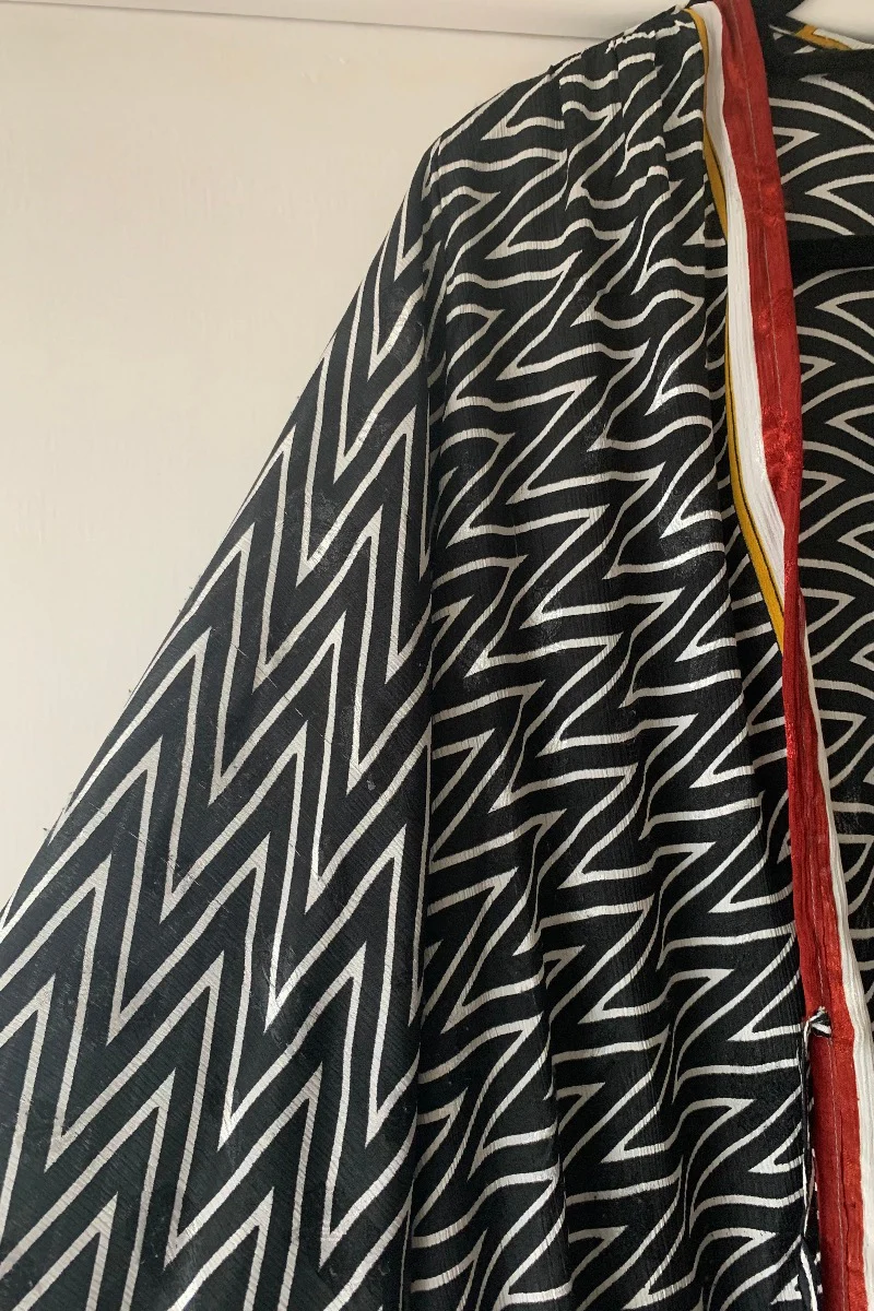 Karina Kimono Jacket - Vintage Sari - Midnight Chevron & Red Paisley - Free Size S/M - Image 6