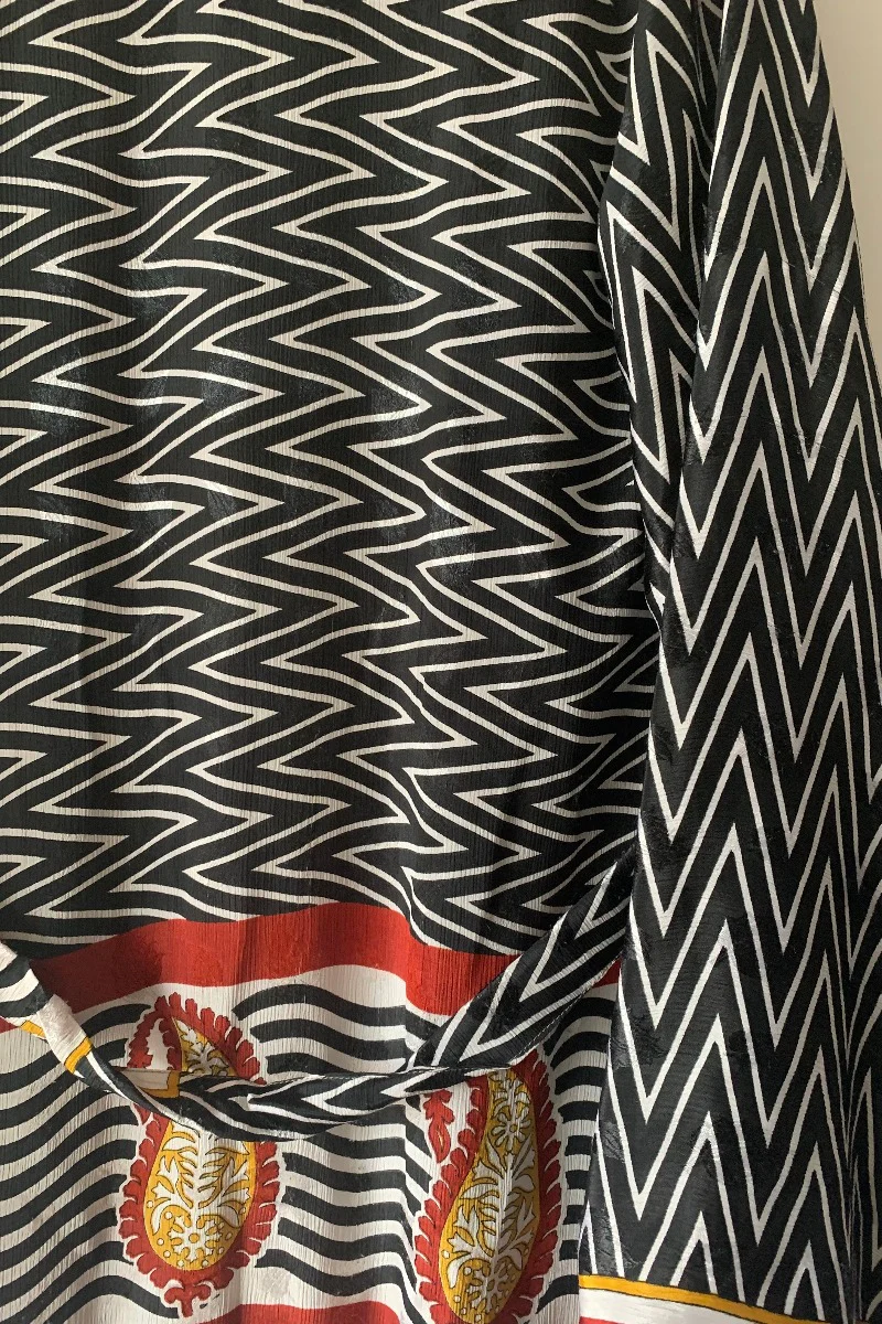 Karina Kimono Jacket - Vintage Sari - Midnight Chevron & Red Paisley - Free Size S/M - Image 7