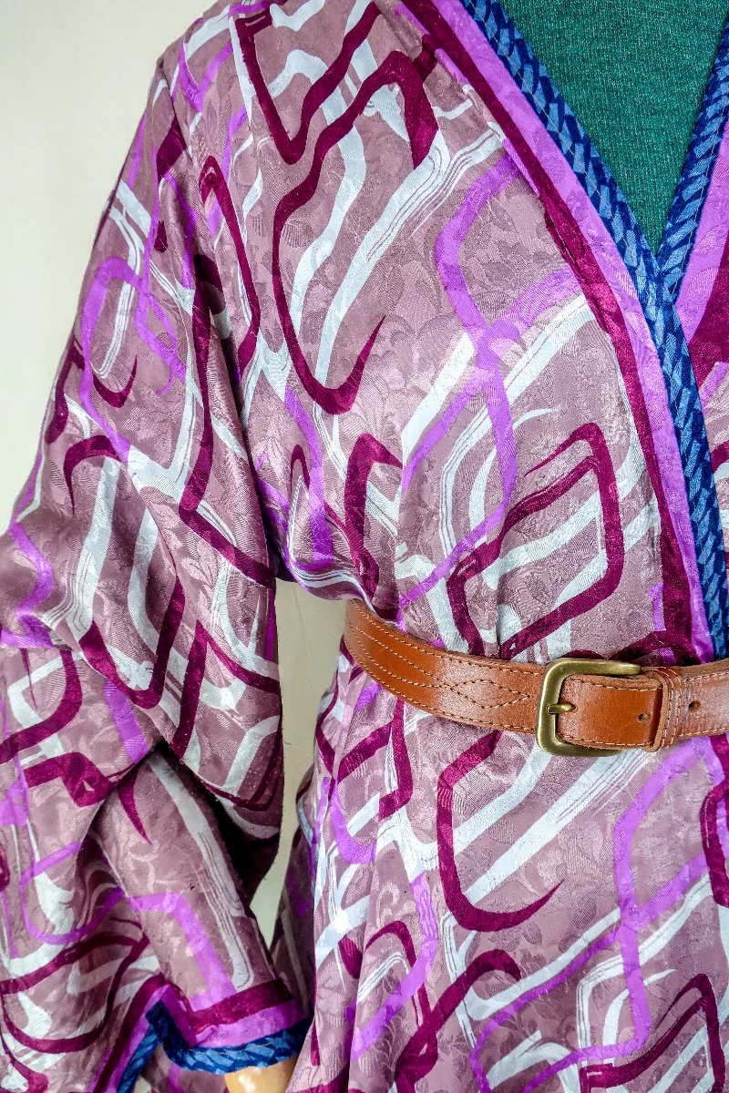 Karina Kimono Jacket - Vintage Sari - Geometric Dusted Rose - Free Size XL - Image 3