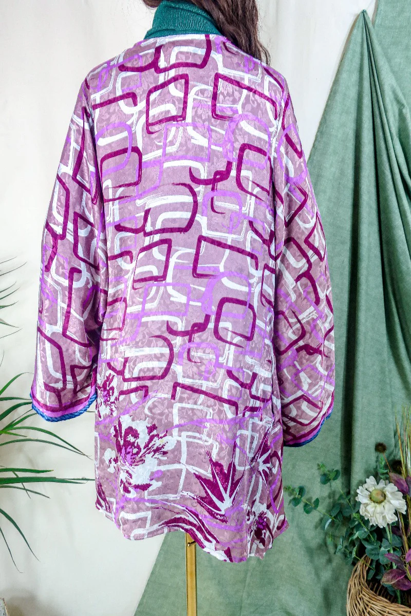 Karina Kimono Jacket - Vintage Sari - Geometric Dusted Rose - Free Size XL - Image 4