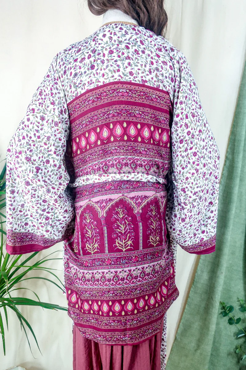 Karina Kimono Jacket - Vintage Sari - Salt White & Rosehip Wildflower - Free Size S/M - Image 4