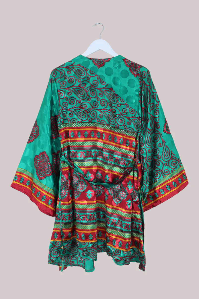 Karina Vintage Sari Jacket - Emerald & Vivid Red - Size M/L - Image 4