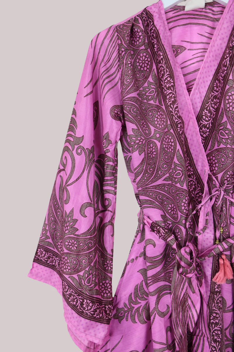 Karina Vintage Sari Jacket - Pink Paisley Crests - Size S - Image 2