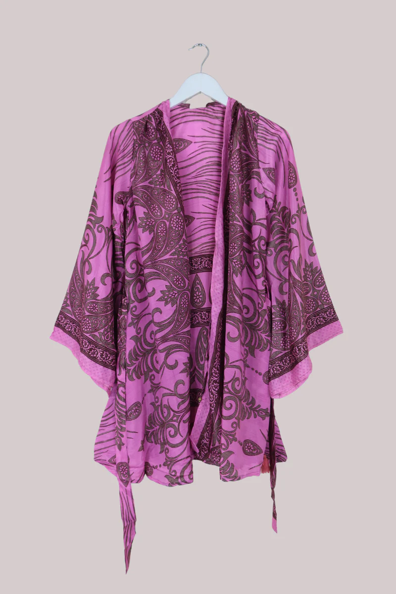 Karina Vintage Sari Jacket - Pink Paisley Crests - Size S - Image 3