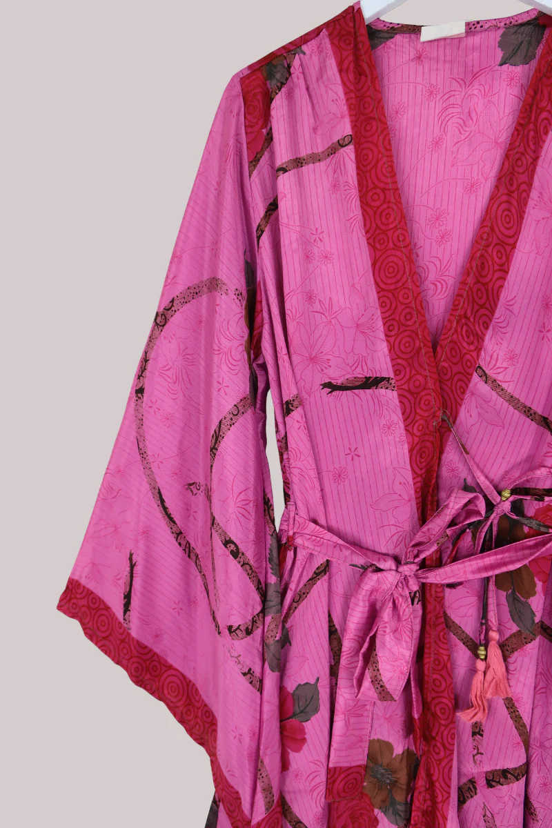 Karina Vintage Sari Jacket - Midnight Pink Lilies & Roses - Size XXL - Image 2