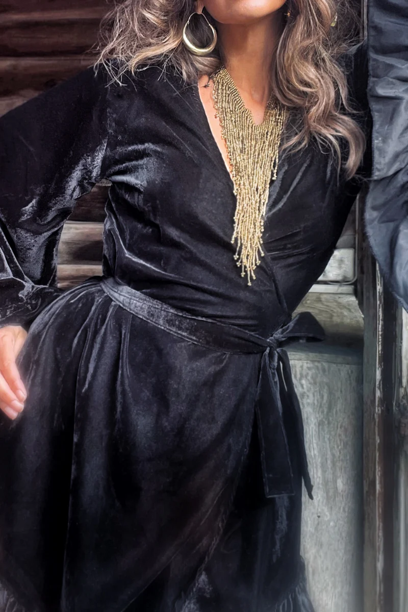 Khroma Venus Mini Wrap Dress in Morticia Black Velvet - Image 3