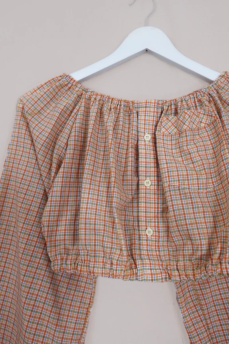 Kitty Reclaimed Crop Top in Apricot Orange Check - Free Size S - Image 2