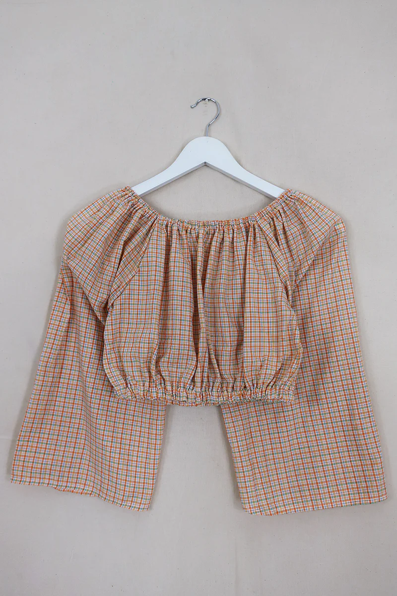 Kitty Reclaimed Crop Top in Apricot Orange Check - Free Size S - Image 3