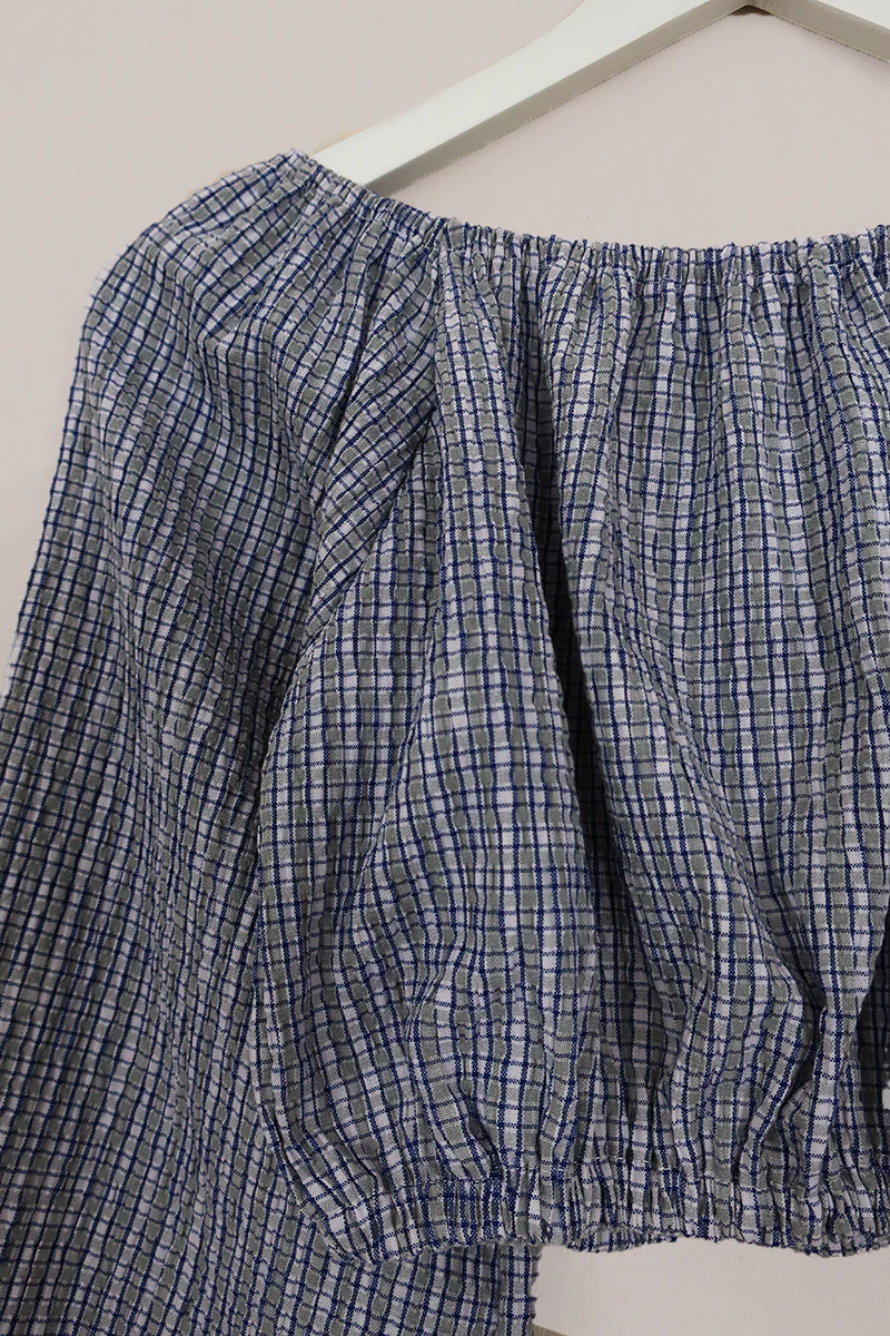 Kitty Reclaimed Crop Top in Blue & River Green Check - Free Size S - Image 3