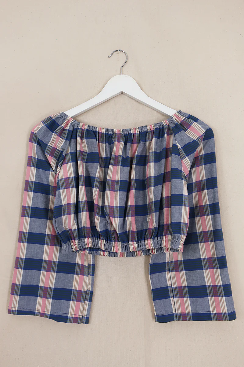 Kitty Reclaimed Crop Top in Baby Pink & Blue Check - Free Size L - Image 3
