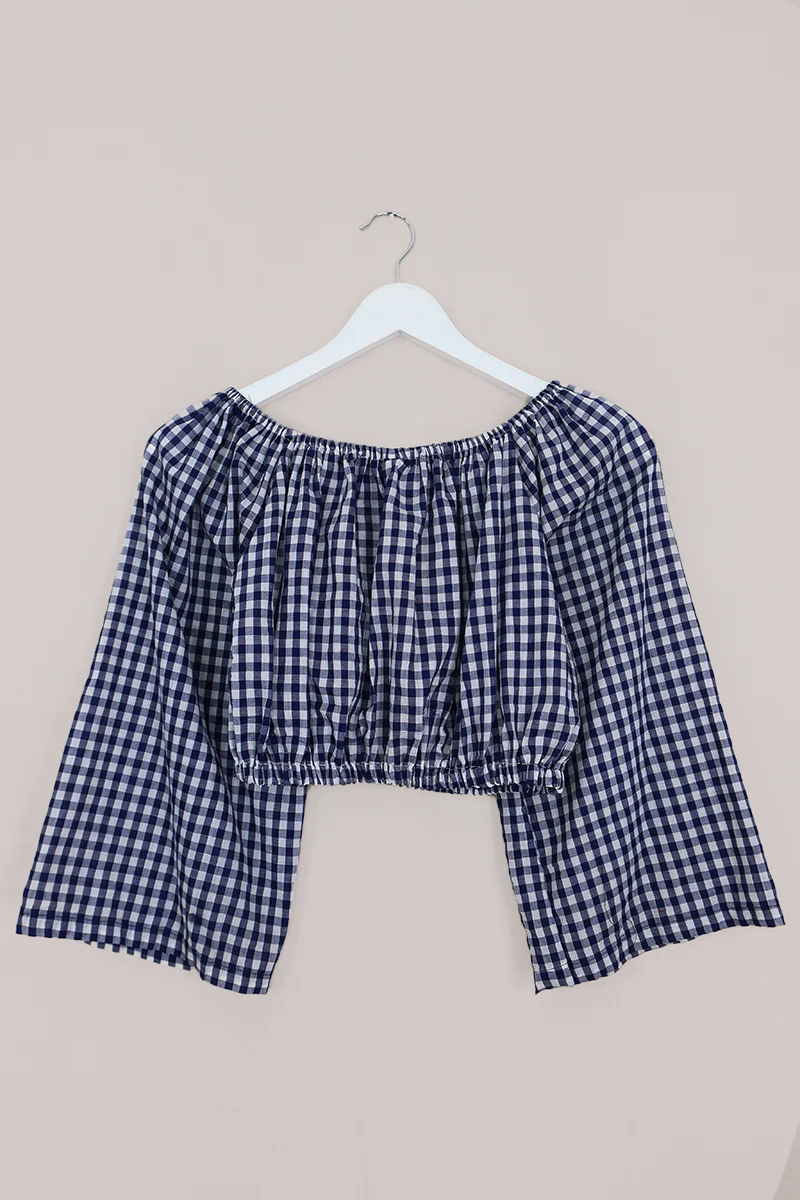 Kitty Reclaimed Crop Top in French Blue Gingham - Free Size L