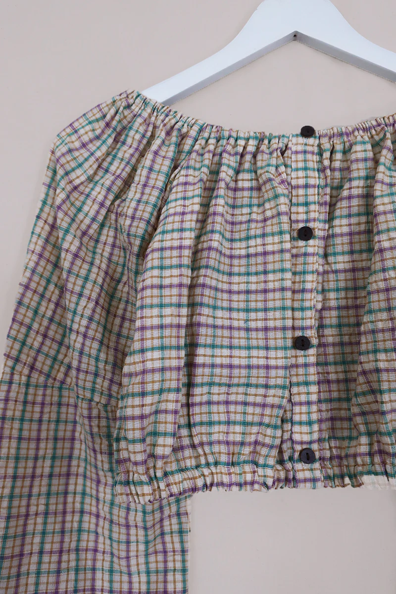 Kitty Reclaimed Crop Top in Heather & Maize Gingham - Free Size L - Image 2