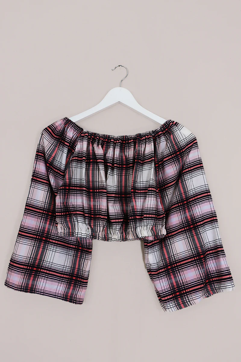 Kitty Reclaimed Crop Top in Shades of Pink & Black Tartan - Free Size L