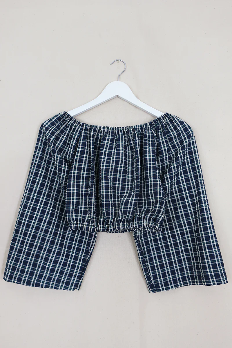 Kitty Reclaimed Crop Top in Sapphire Blue Tartan - Free Size L - Image 3