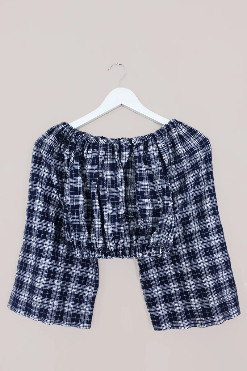 Kitty Reclaimed Crop Top in Ink Blue & White Woven Tartan - Free Size S
