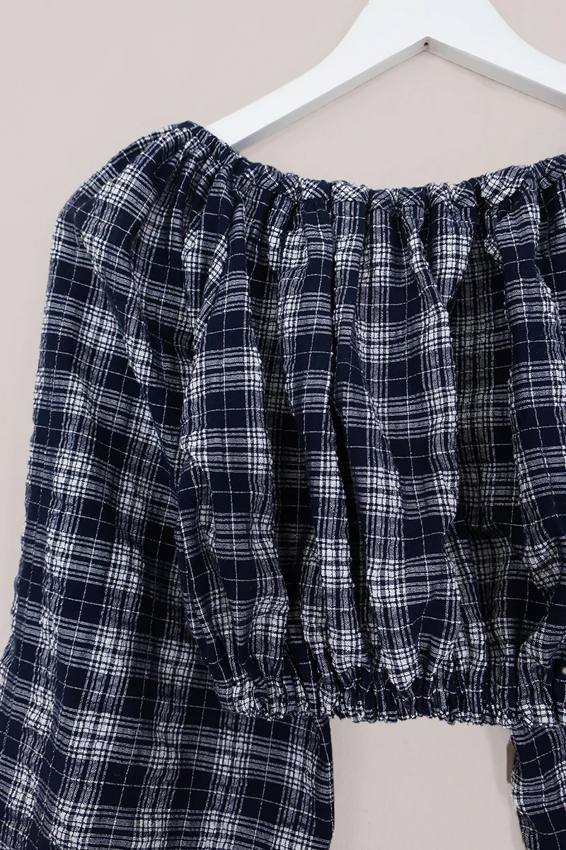 Kitty Reclaimed Crop Top in Ink Blue & White Woven Tartan - Free Size S - Image 2