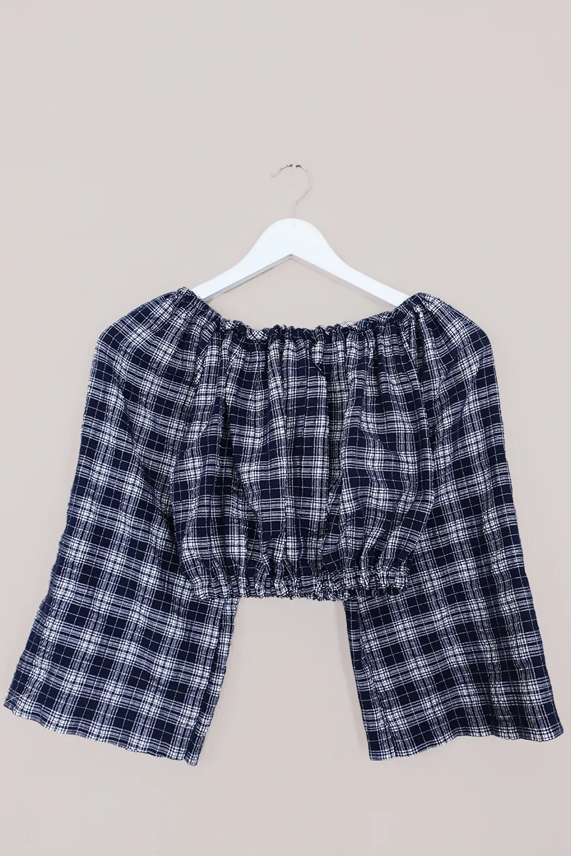 Kitty Reclaimed Crop Top in Ink Blue & White Woven Tartan - Free Size S - Image 3
