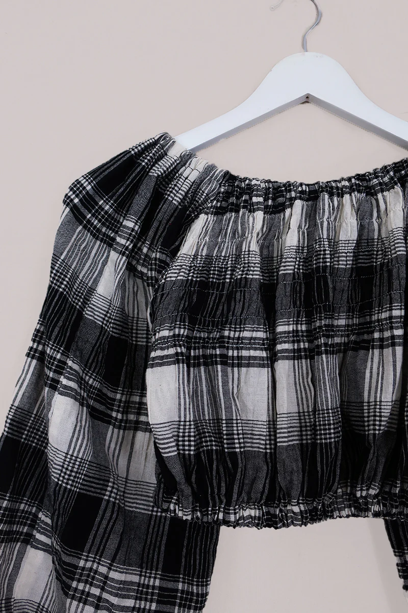 Kitty Reclaimed Crop Top in Midnight Blue, White & Grey Check - Free Size S - Image 2