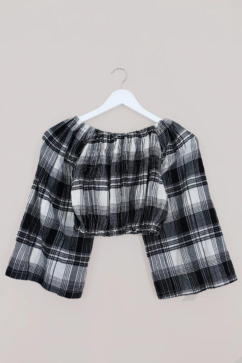 Kitty Reclaimed Crop Top in Midnight Blue, White & Grey Check - Free Size S - Image 3