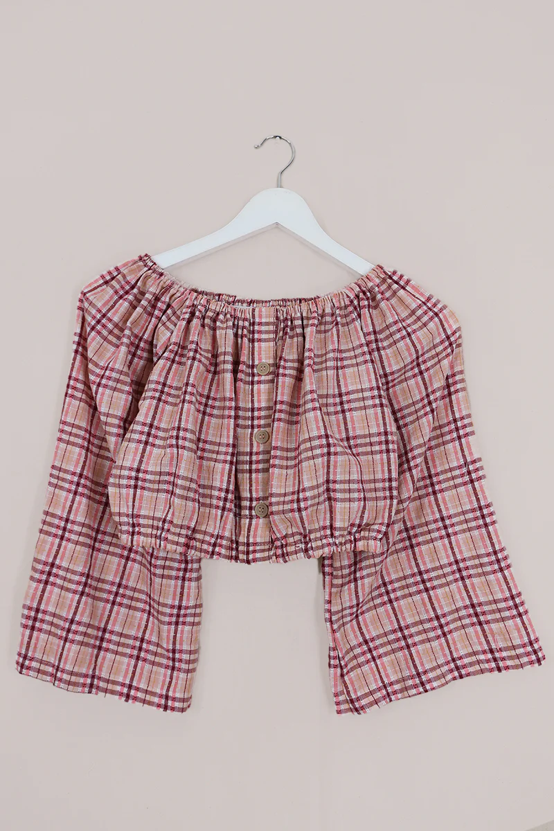 Kitty Reclaimed Crop Top in Peach & Pink Gingham - Free Size S