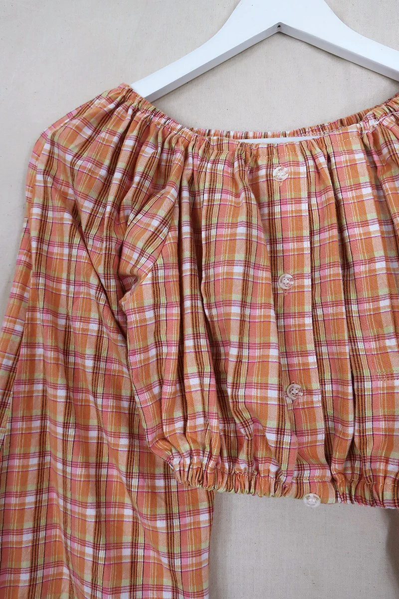 Kitty Reclaimed Crop Top in Peach Cobbler Tartan - Free Size S - Image 2