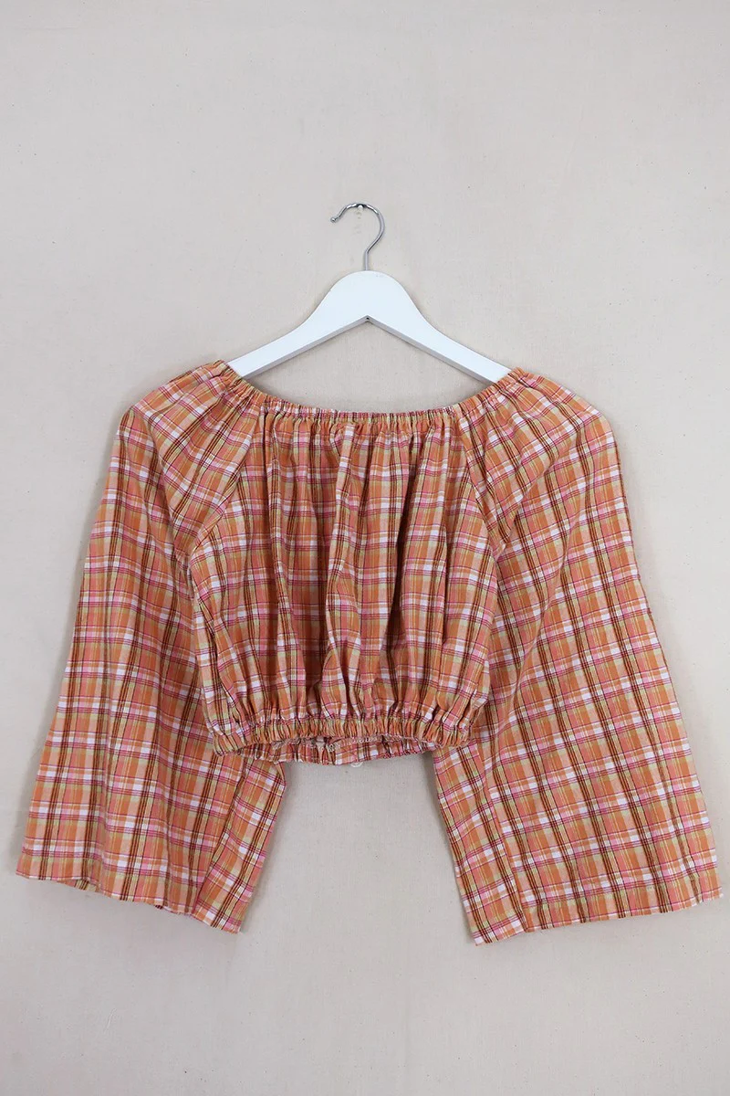 Kitty Reclaimed Crop Top in Peach Cobbler Tartan - Free Size S - Image 3