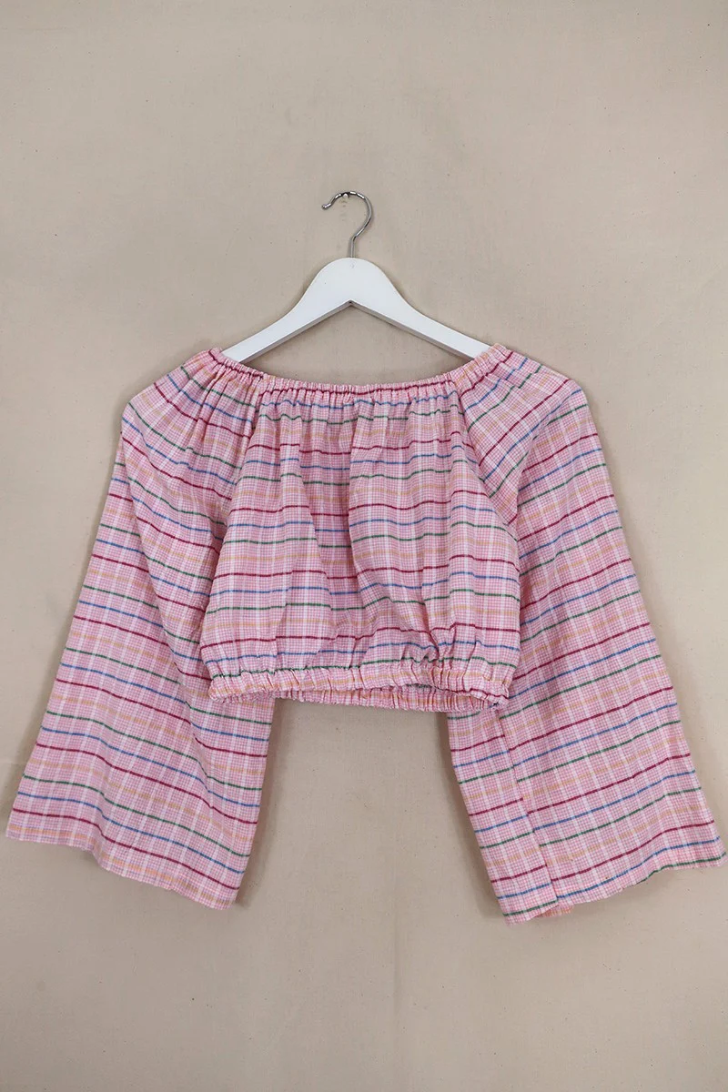 Kitty Reclaimed Crop Top in Petal Pink Stripy Gingham - Free Size S - Image 3