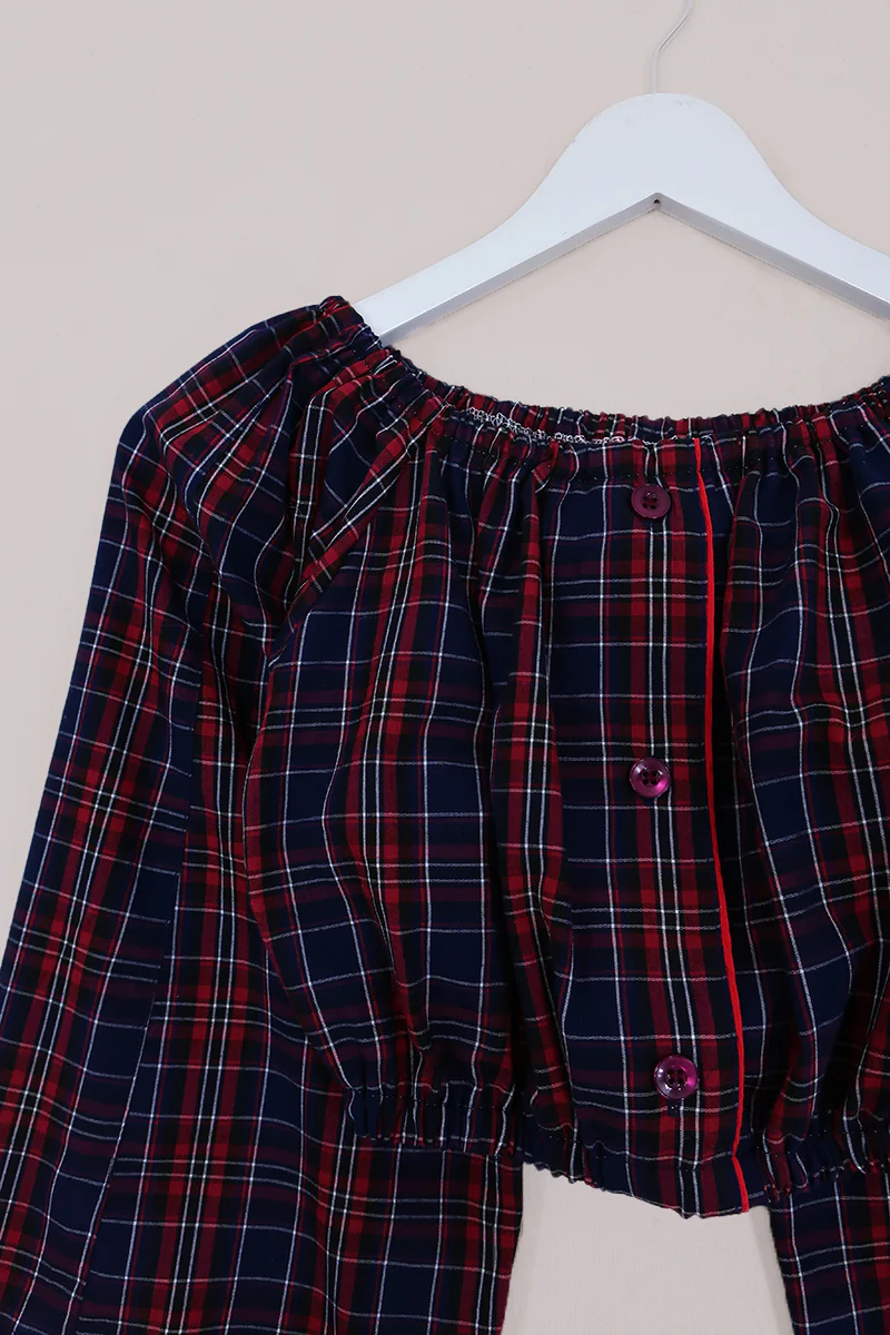 Kitty Reclaimed Crop Top in Pyjama Tartan - Free Size S - Image 2