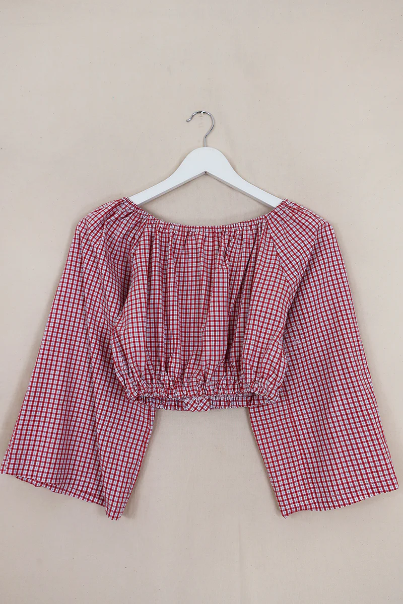 Kitty Reclaimed Crop Top in Red & Pinstripe Blue Check - Free Size S - Image 3