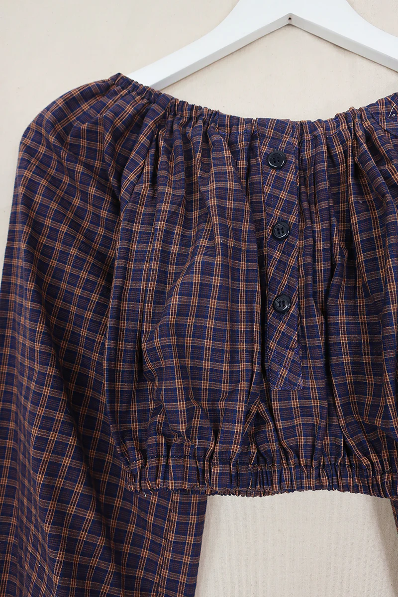 Kitty Reclaimed Crop Top in Royal Blue & Gold Plaid - Free Size S - Image 2