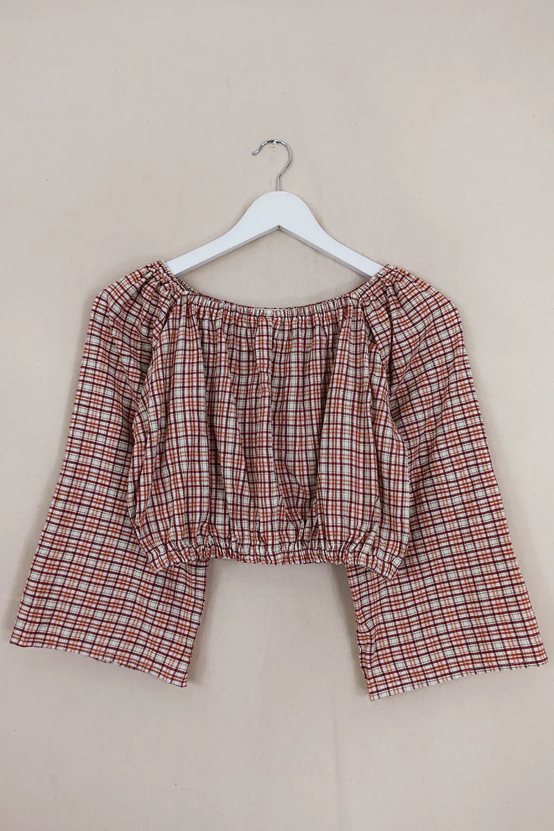 Kitty Reclaimed Crop Top in Sunset Tones Plaid - Free Size S - Image 3