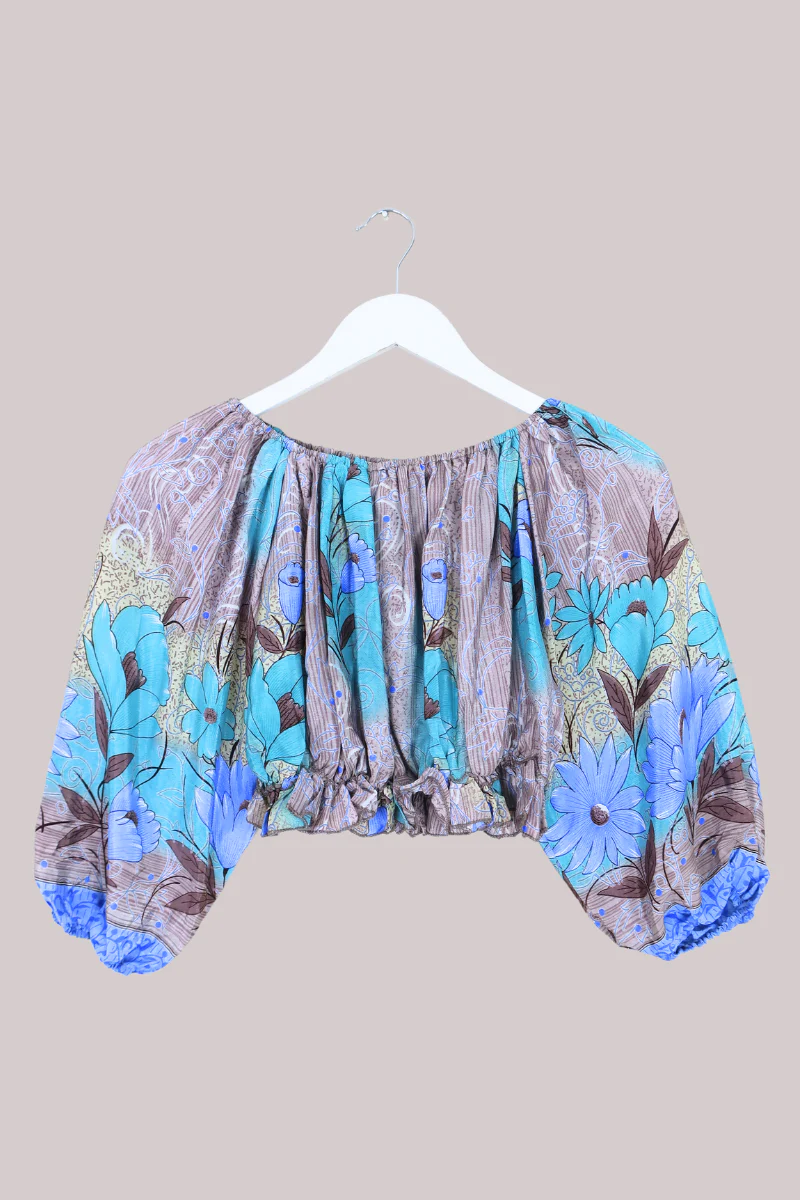 Kitty Vintage Cotton Crop Top - Azure Poppy - Free Size - Image 3