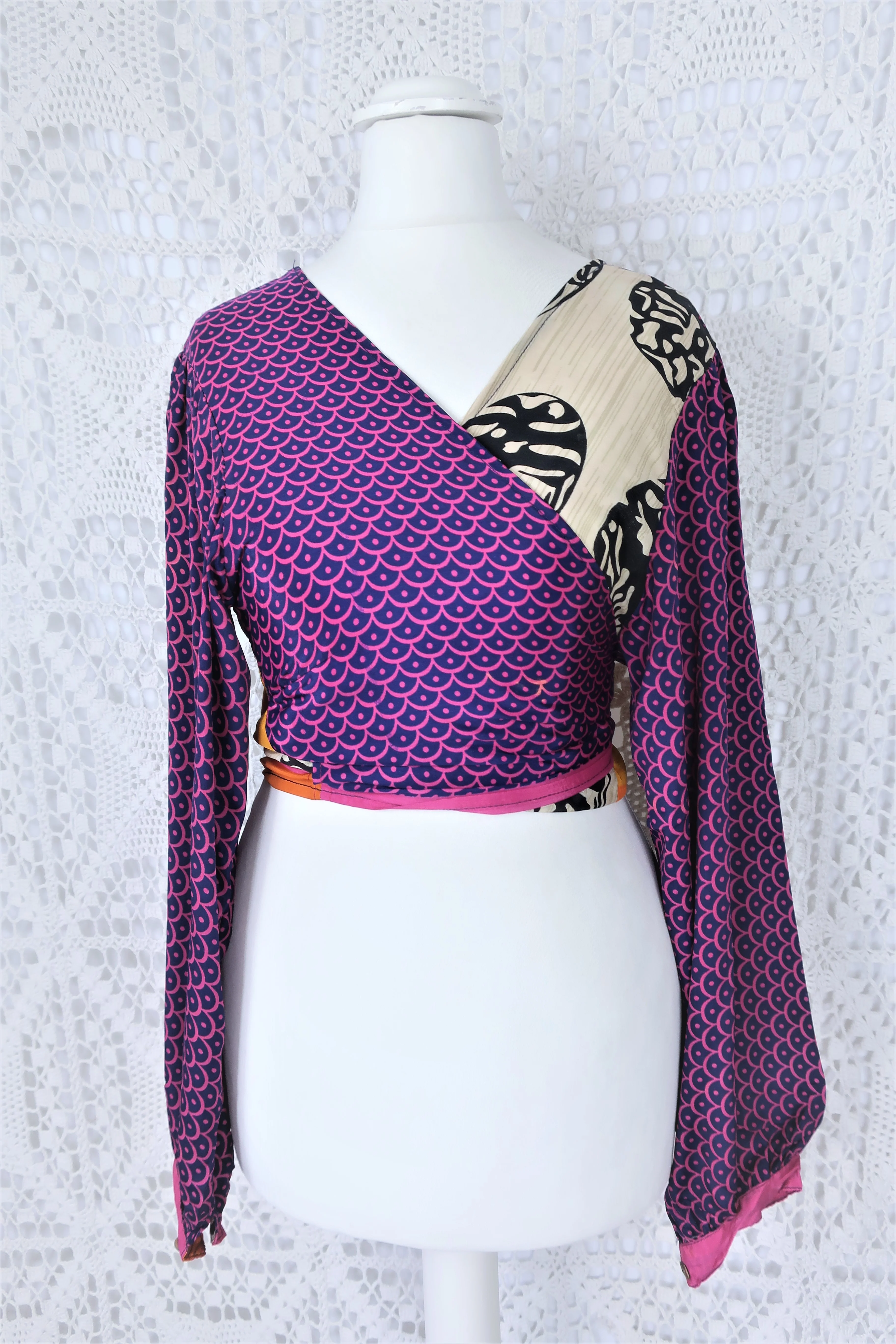 Lola Bohemian Wrap Top - Vintage Indian Sari - Deep Blue, Fuchsia & Ivory Motif - M/L - Image 3